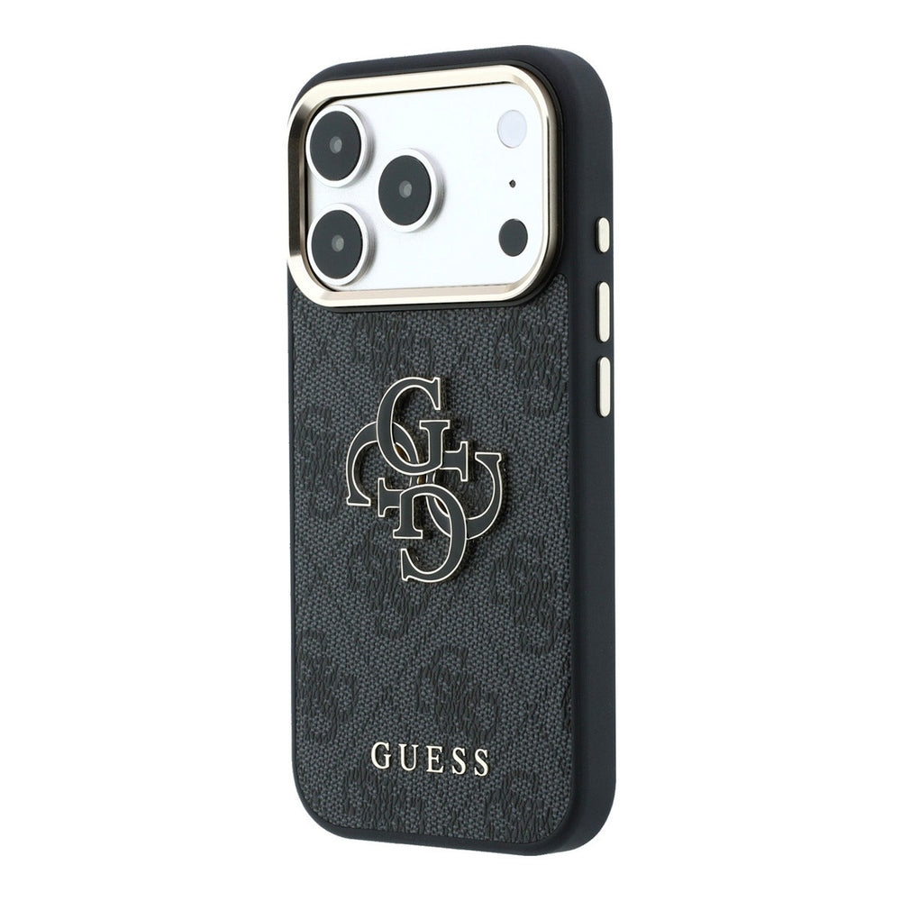 Zwart Guess telefoonhoesje met 4G-patroon en groot 4G-logo, schuin van achteren
