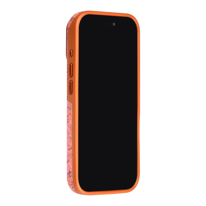 Oranje TUNIQ telefoonhoesje, van voren op een telefoon