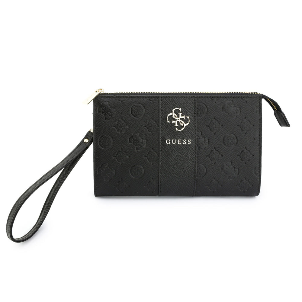 Zwarte Guess telefoontas met verticale patroonbanen en 4G-logo, rits en polsband