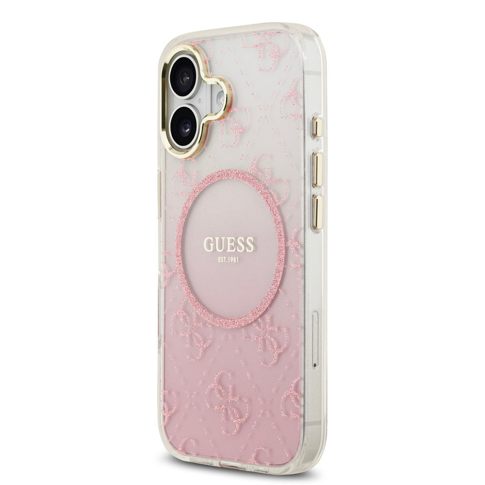 Roze Guess telefoonhoesje met kleurverloop, glitters en rond logo, schuin van achteren