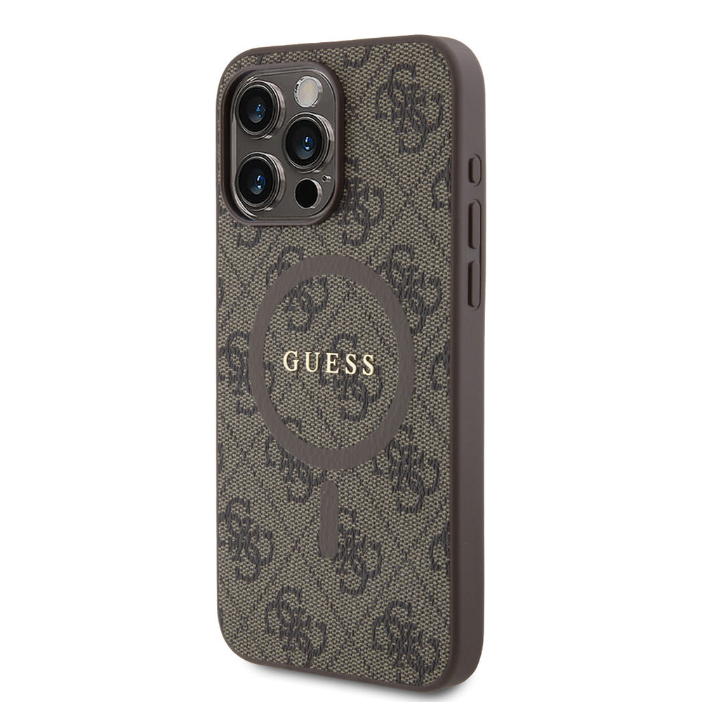 Bruin Guess telefoonhoesje met 4G-patroon en rond logo, schuin van achteren