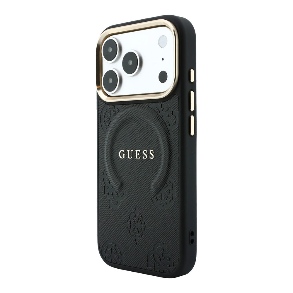 Zwart Guess telefoonhoesje met bloemenpatroon en ringstandaard, schuin van achteren