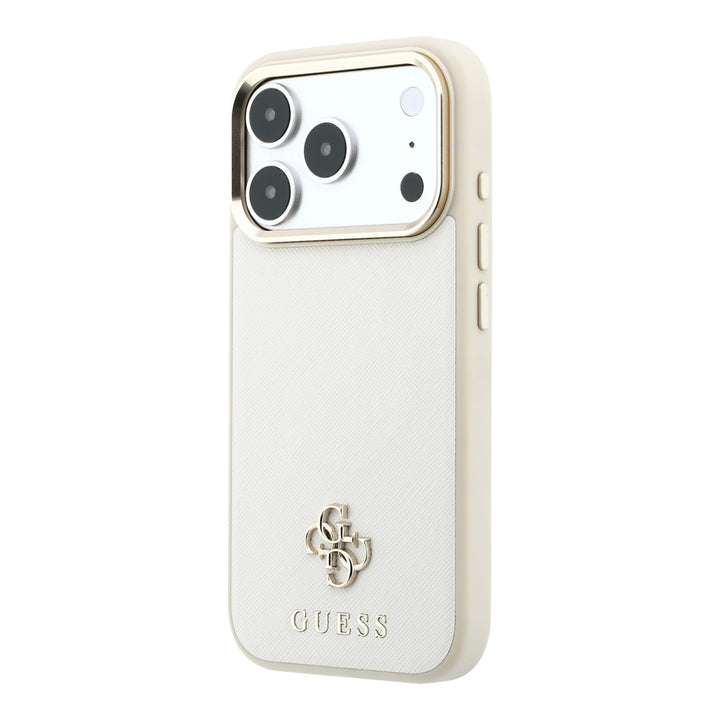 Beige Guess telefoonhoesje met klein 4G-logo en klassiek logo, schuin van achteren