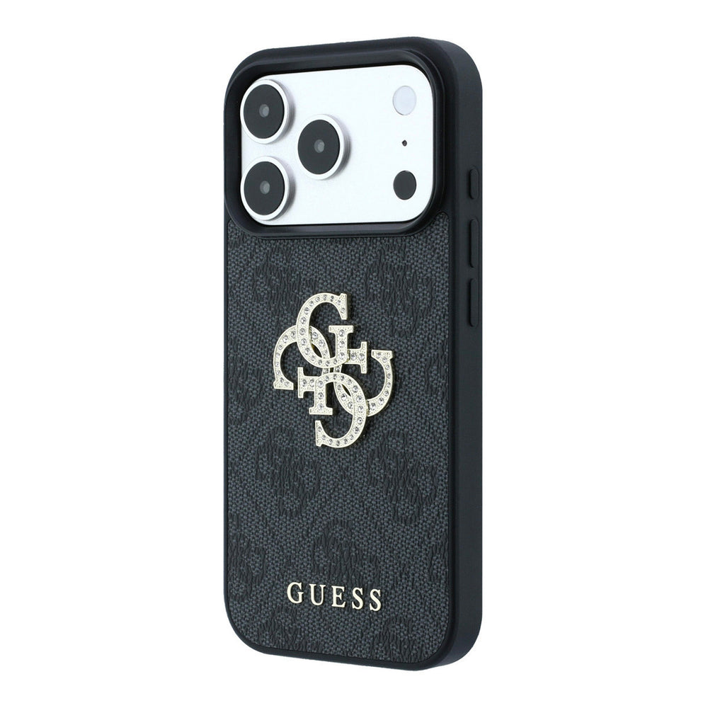 Zwart Guess telefoonhoesje met 4G-patroon en groot strasslogo, schuin van achteren
