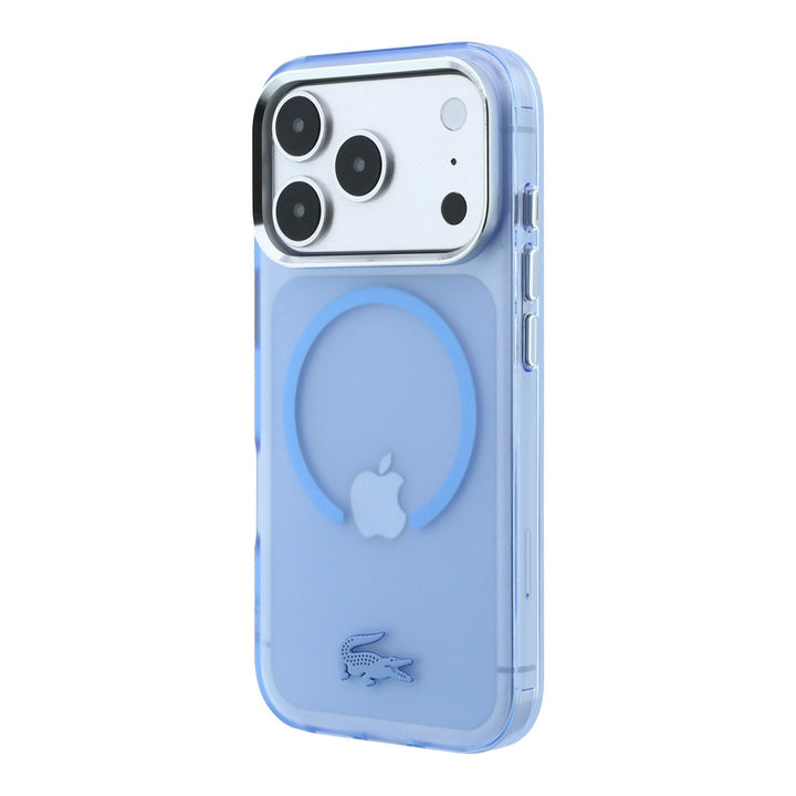 Blauw transparant Lacoste telefoonhoesje met ring en krokodillenlogo, schuin van achteren