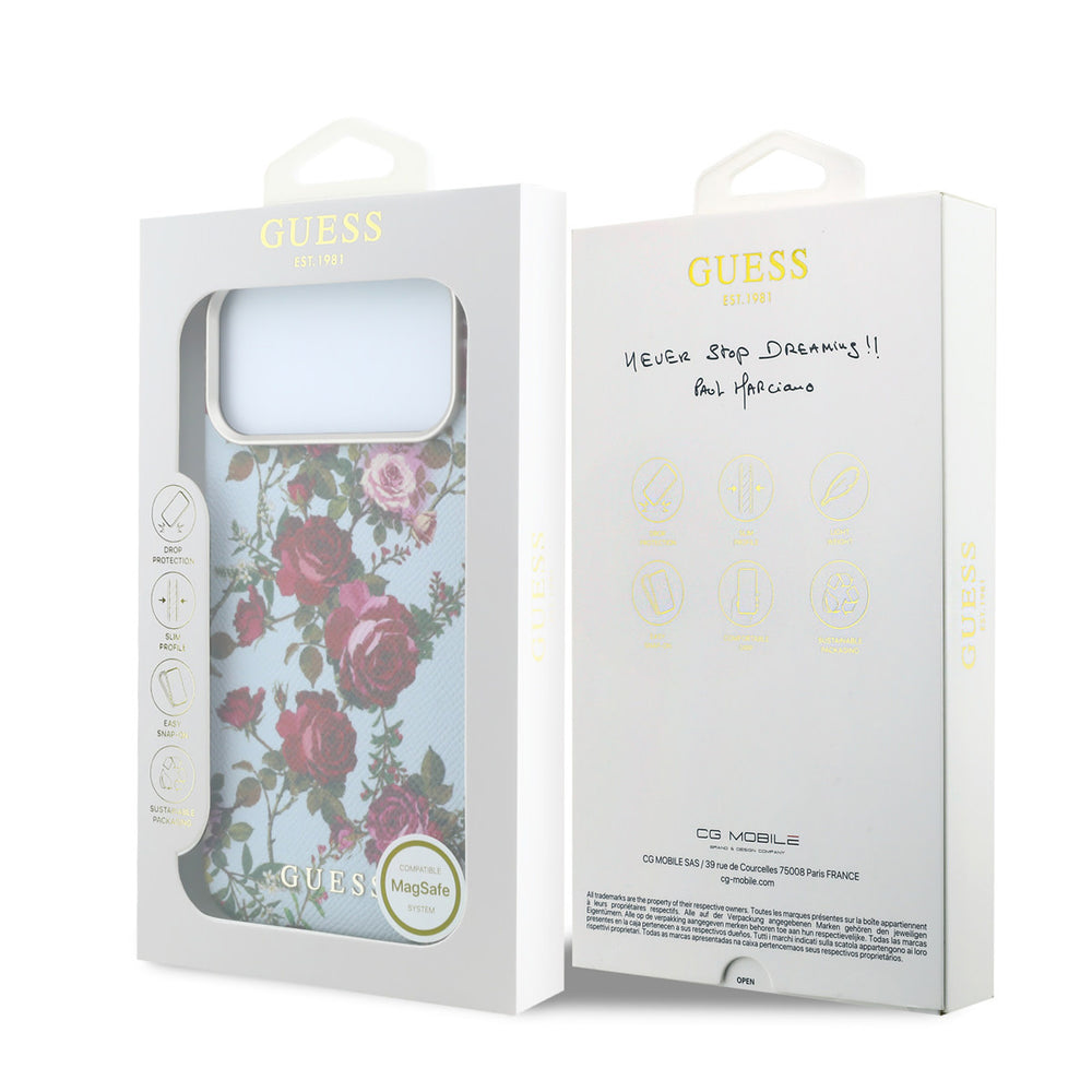 Voor- en achterkant van verpakking van lichtgekleurd guess telefoonhoesje