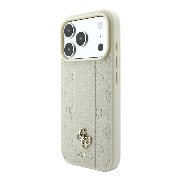 Beige Guess telefoonhoesje met bloemenpatroon, verticale banen en 4G-logo, schuin van achteren