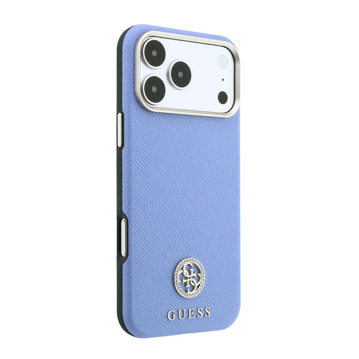 Lichtblauw Guess telefoonhoesje met rond strasslogo, schuin van achteren