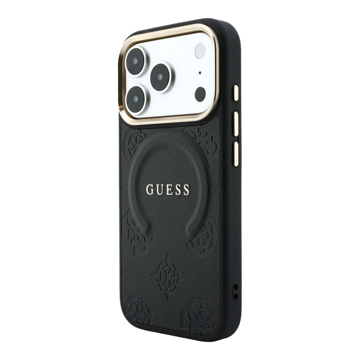 Zwart Guess telefoonhoesje met bloemenpatroon en ringstandaard, schuin van achteren