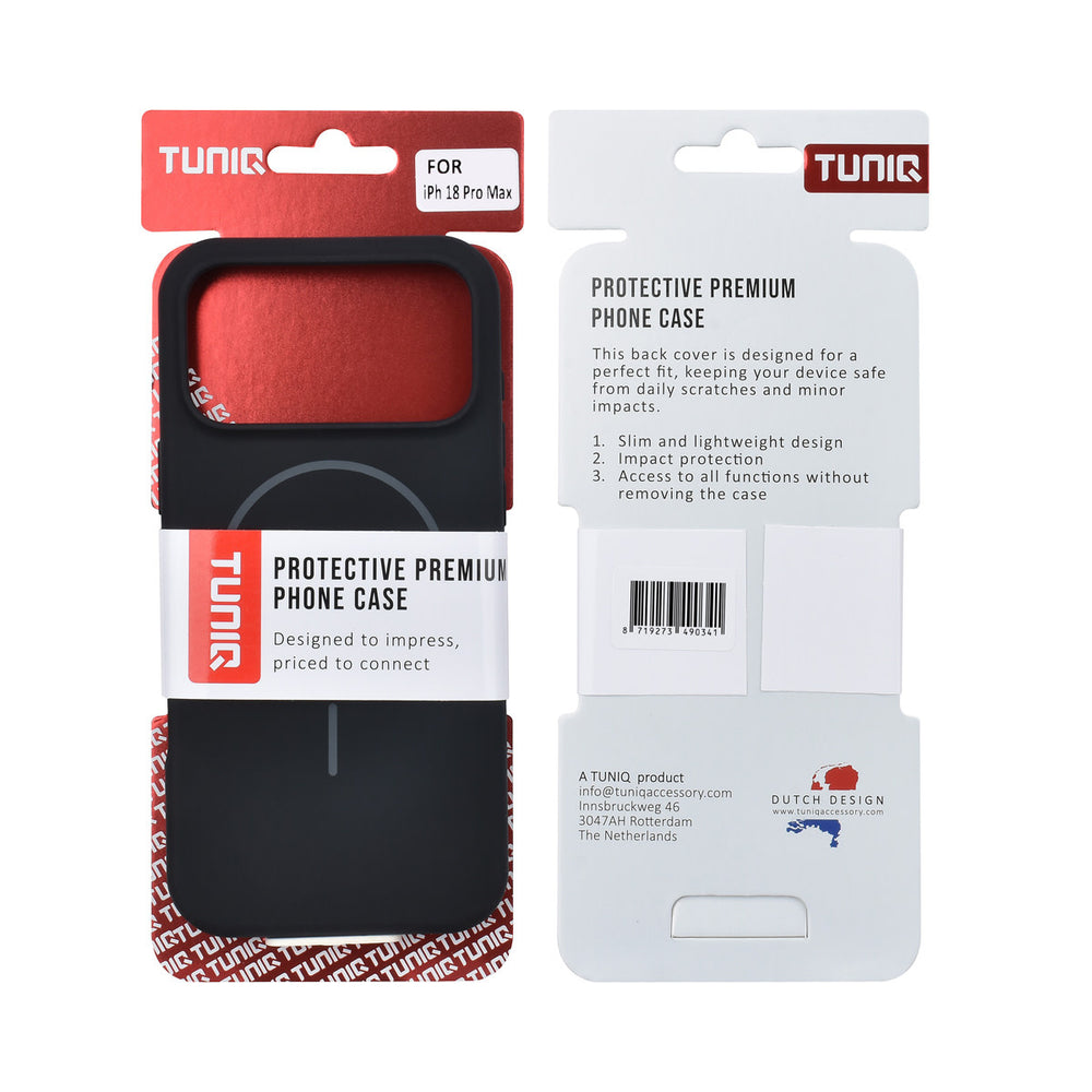 Voor- en achterkant van verpakking van zwart TUNIQ telefoonhoesje met ring