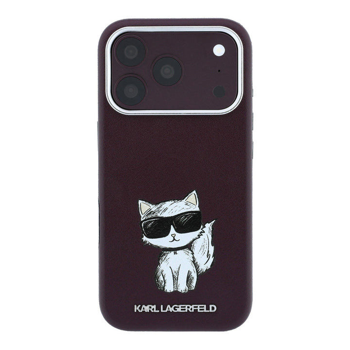 Bordeauxkleurig Karl Lagerfeld telefoonhoesje met figuur van Choupette, van achteren