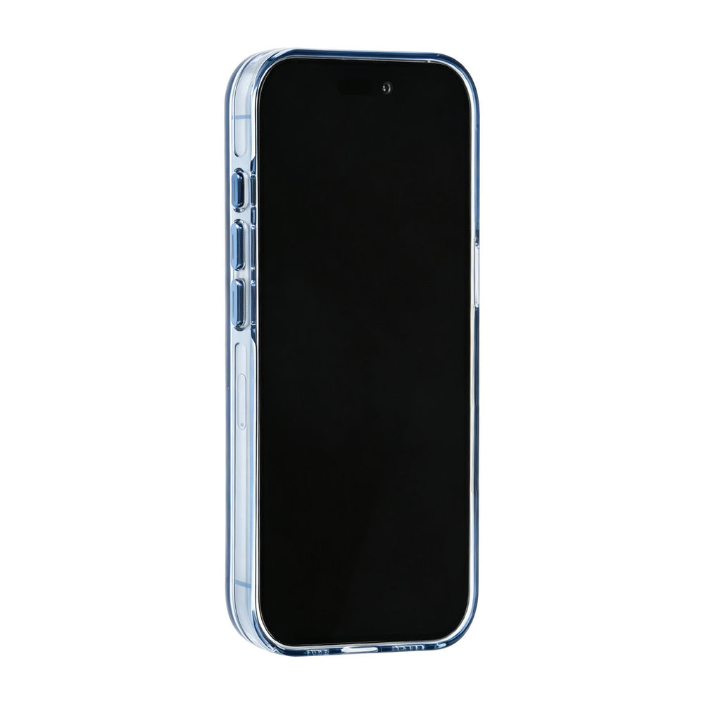 Blauw TUNIQ telefoonhoesje, van voren op een telefoon