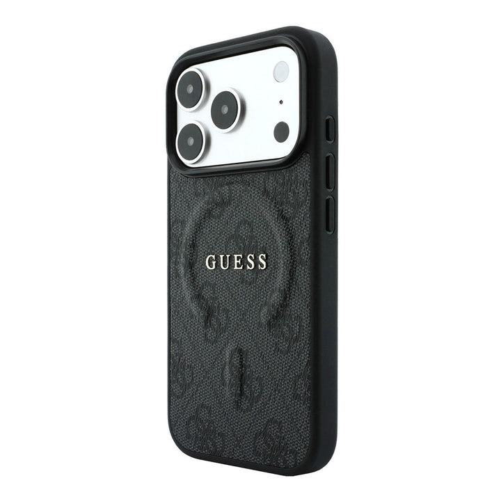 Zwart Guess telefoonhoesje met 4G-patroon en schriftlogo, schuin van achteren