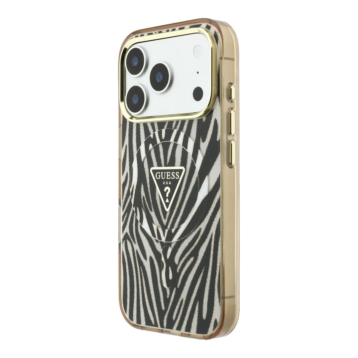 Guess telefoonhoesje met zwart-witte zebraprint, goudkleurige rand en driehoekslogo, schuin van achteren