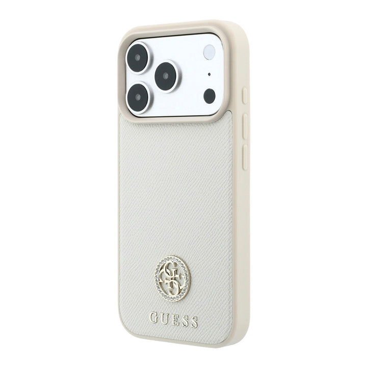 Beige Guess telefoonhoesje met rond logo, schuin van achteren