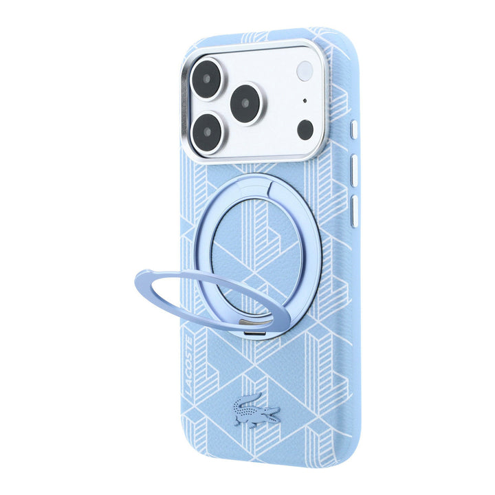 Lichtblauw Lacoste telefoonhoesje met geometrisch patroon met uitgeklapte ringstandaard