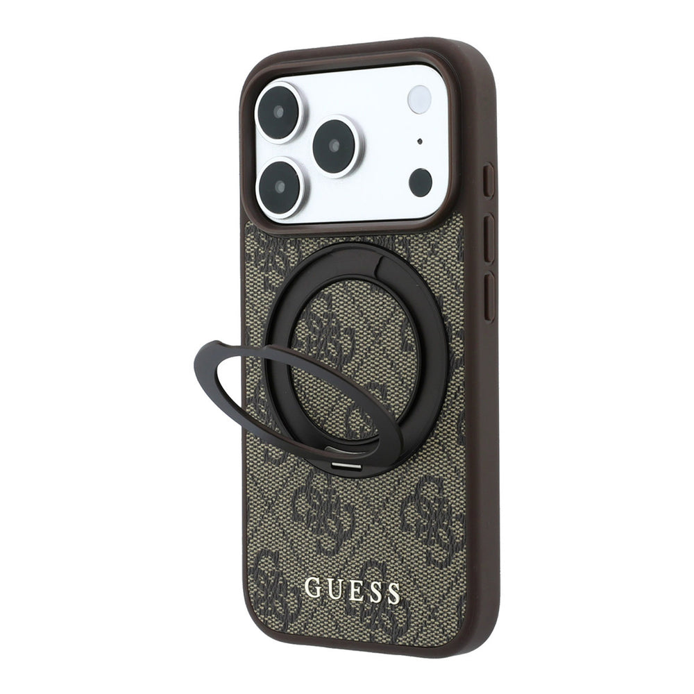 Bruin Guess telefoonhoesje met 4G-patroon met uitgeklapte ringstandaard