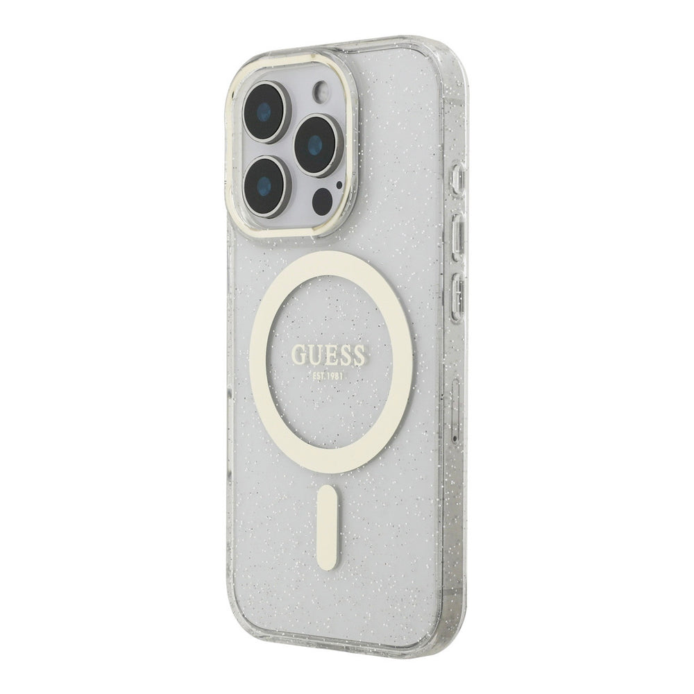 Transparant Guess telefoonhoesje met glitters en lichtgekleurde ring, schuin van achteren