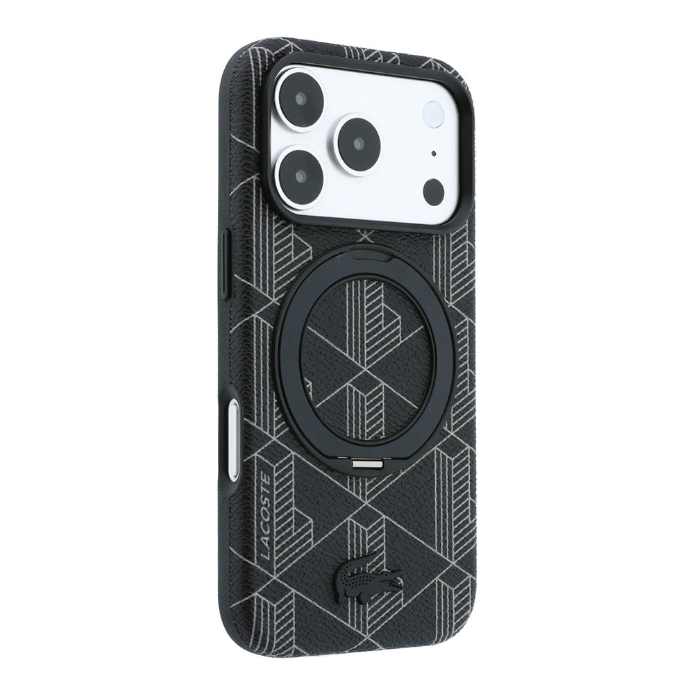 Zwart Lacoste telefoonhoesje met geometrisch patroon met ingeklapte ringstandaard, schuin van achteren