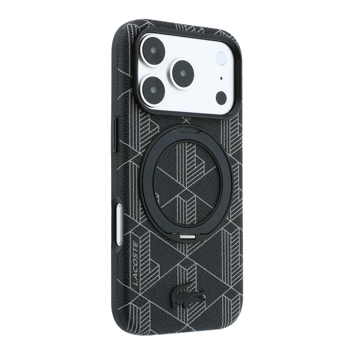 Zwart Lacoste telefoonhoesje met geometrisch patroon met ingeklapte ringstandaard, schuin van achteren