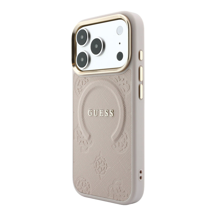 Lichtgekleurd Guess telefoonhoesje met bloemenpatroon en ringstandaard, schuin van achteren
