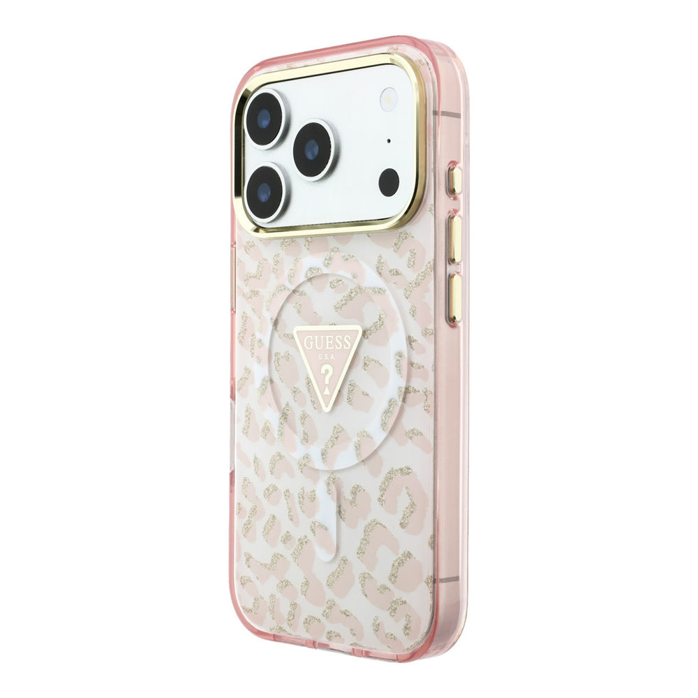 Guess telefoonhoesje met roze luipaardprint en driehoekslogo, schuin van achteren