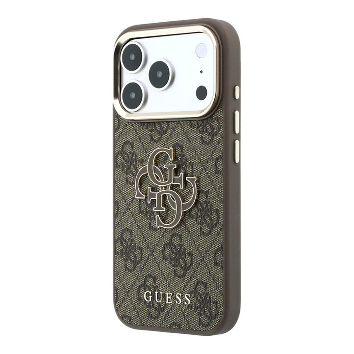 Bruin Guess telefoonhoesje met 4G-patroon en groot 4G-logo, schuin van achteren