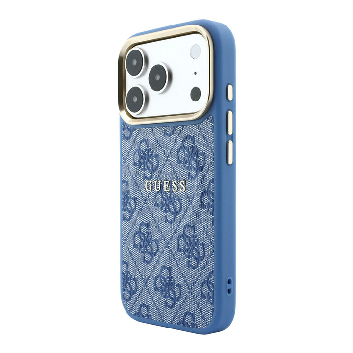 Blauw Guess telefoonhoesje met 4G-patroon en klassiek logo, schuin van achteren