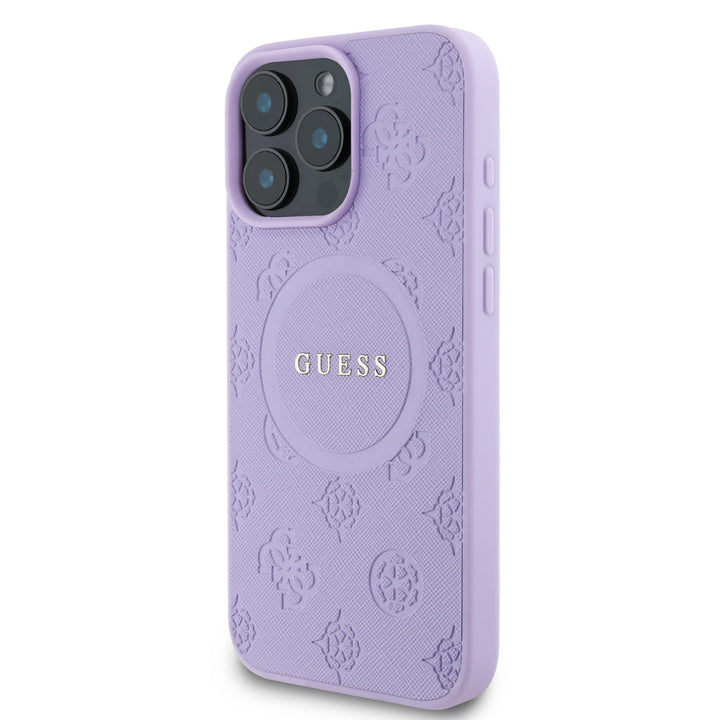 Paars Guess telefoonhoesje met bloemenpatroon en rond logo, schuin van achteren