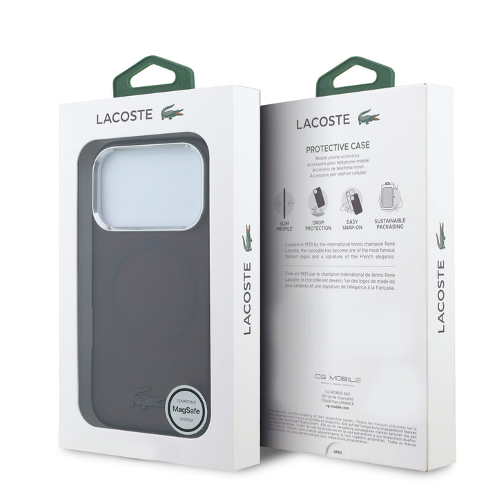 Voor- en achterkant van verpakking van donkerrood Lacoste telefoonhoesje