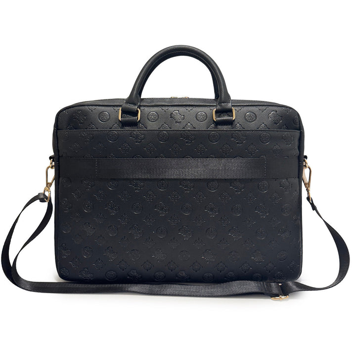 Achterkant van zwarte Guess laptoptas met breed bandvak