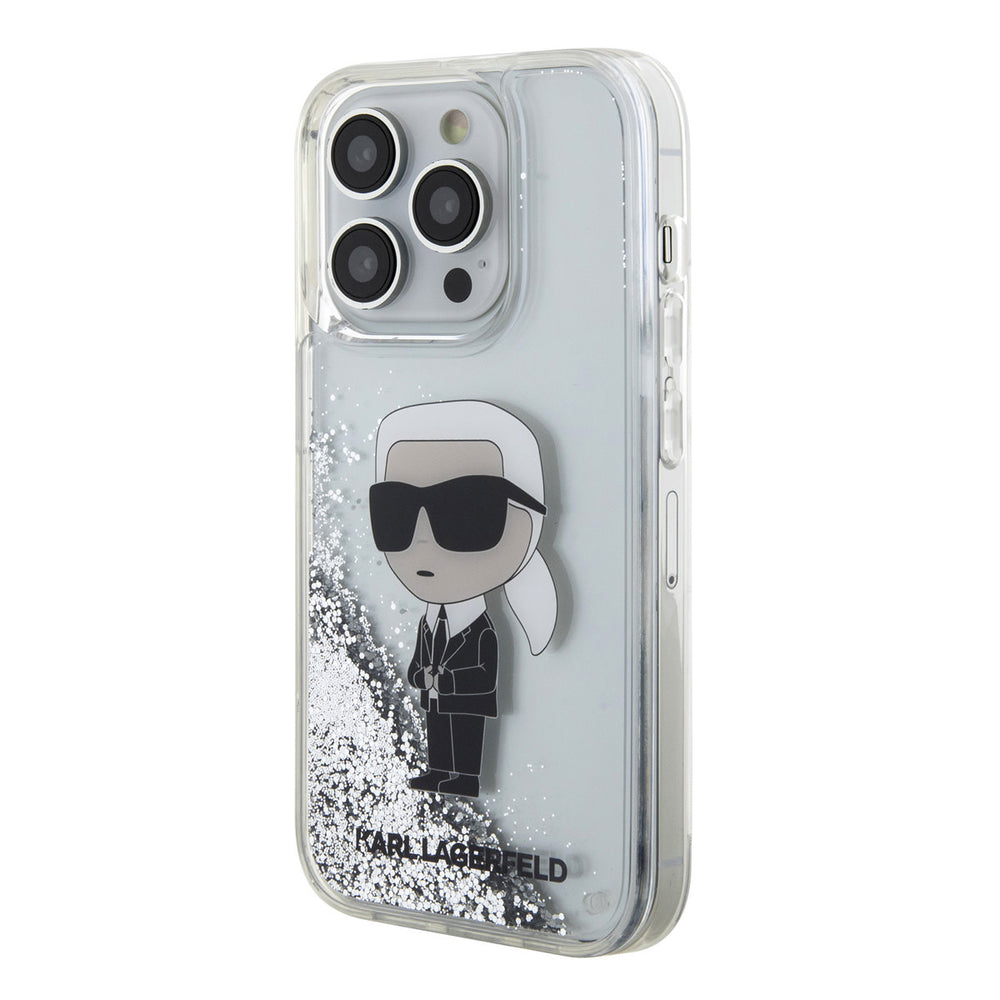 Transparant Karl Lagerfeld telefoonhoesje met zilverkleurige glitters en Karl-figuur, schuin van achteren