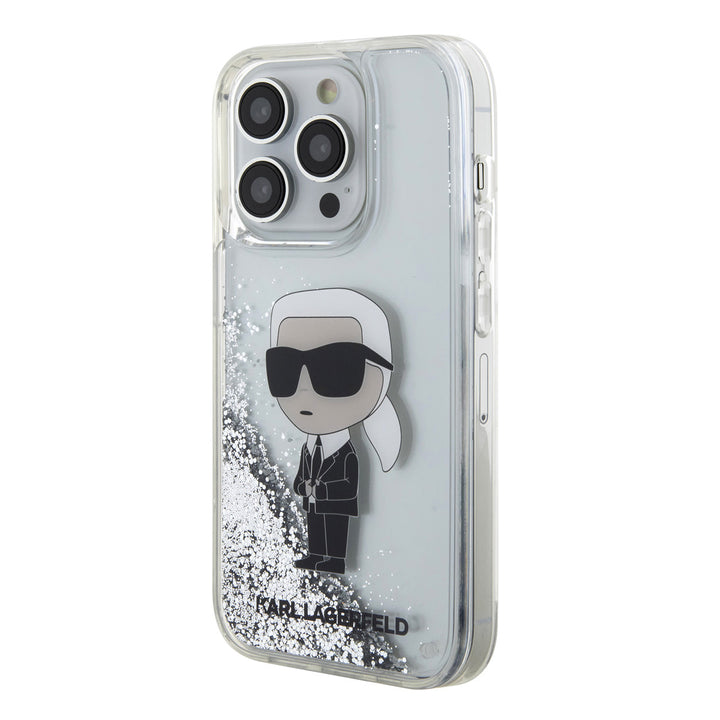 Transparant Karl Lagerfeld telefoonhoesje met zilverkleurige glitters en Karl-figuur, schuin van achteren
