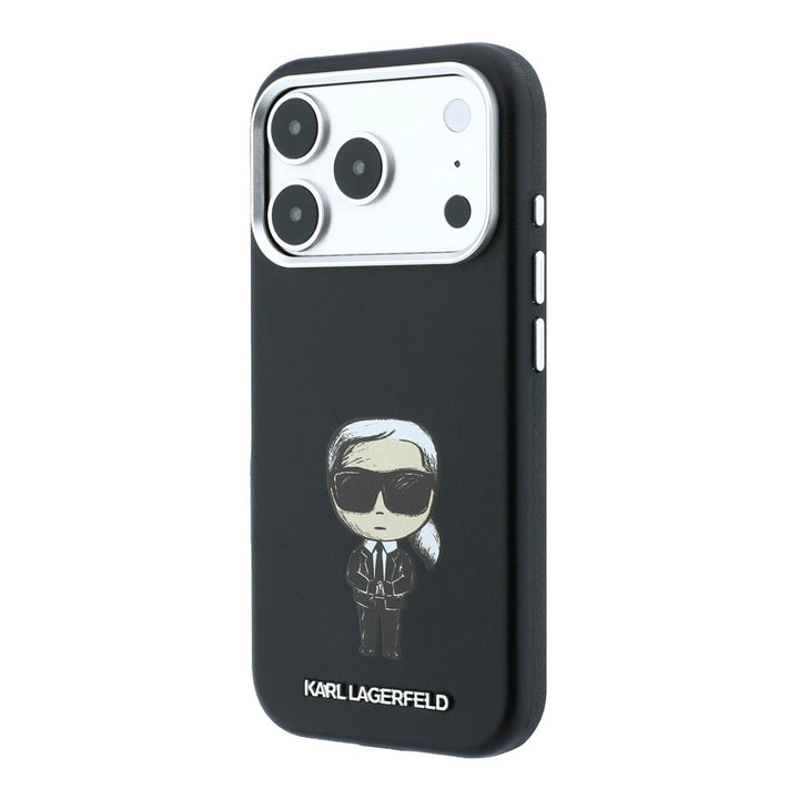 Zwart Karl Lagerfeld telefoonhoesje met figuur van Karl, schuin van achteren