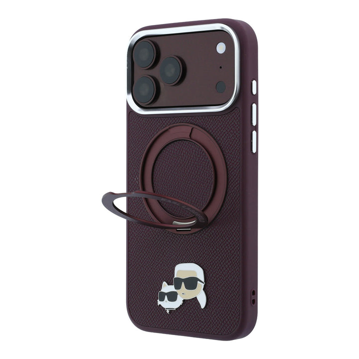 Bordeauxkleurig Karl Lagerfeld telefoonhoesje met hoofden van Karl en Choupette met uitgeklapte ringstandaard
