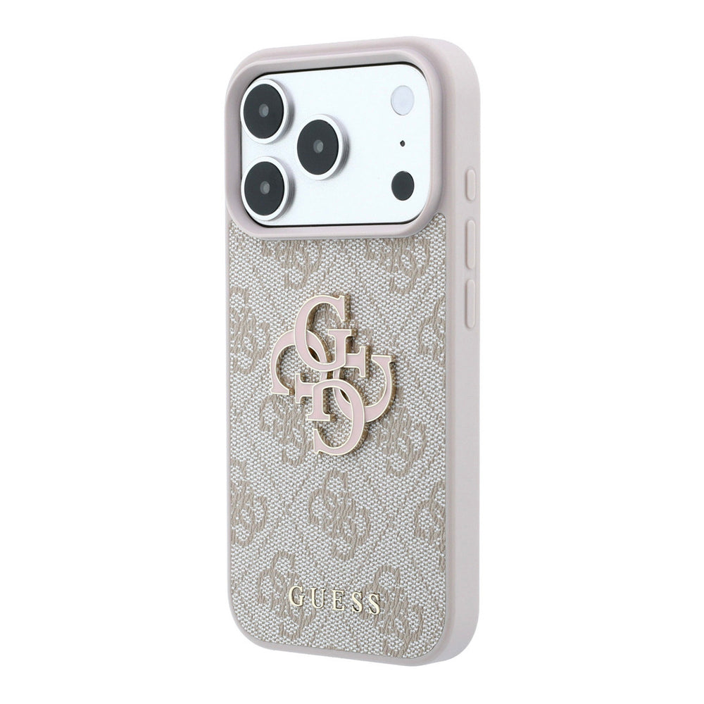 Lichtgekleurd Guess telefoonhoesje met 4G-patroon en groot logo, schuin van achteren