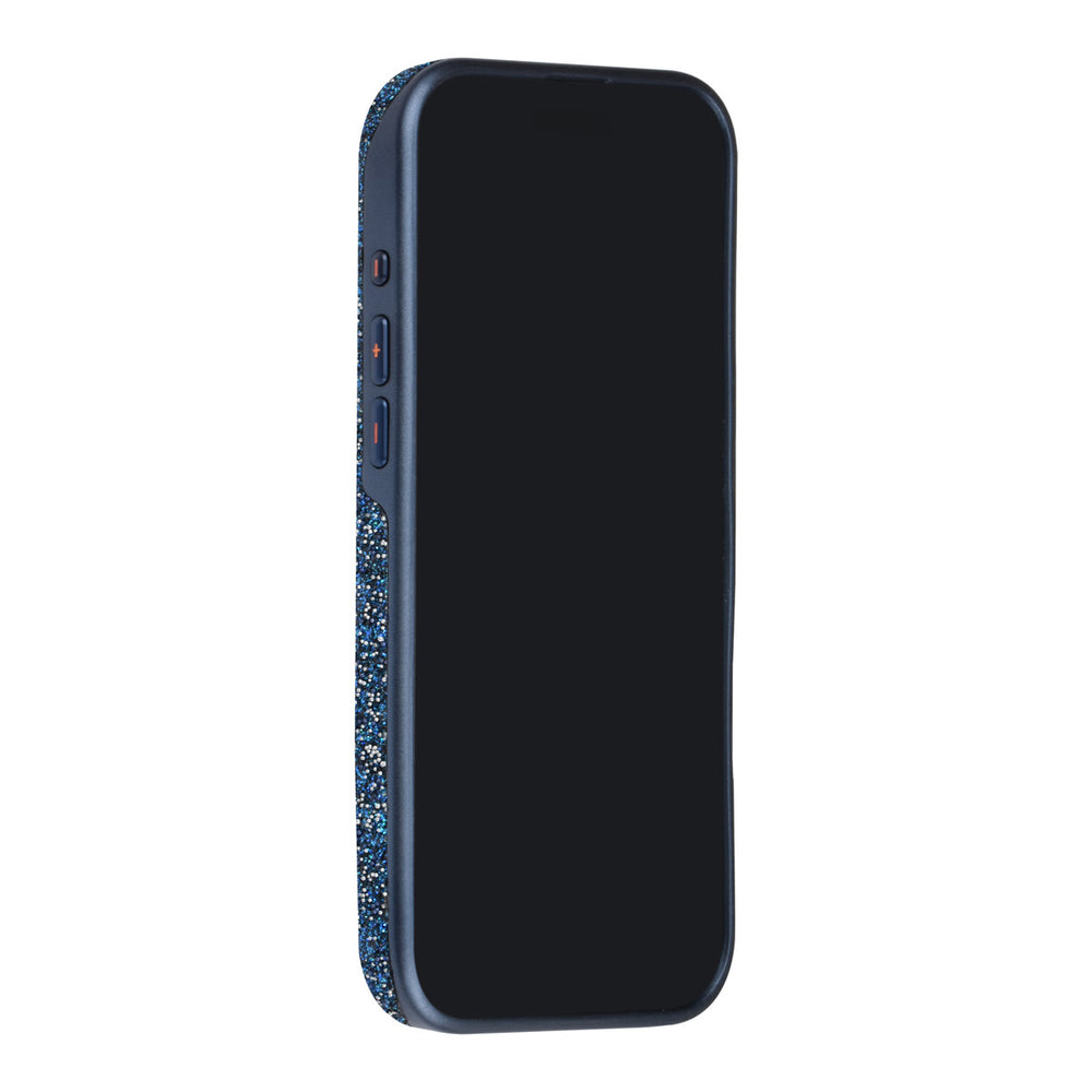 Blauw TUNIQ telefoonhoesje, van voren op een telefoon