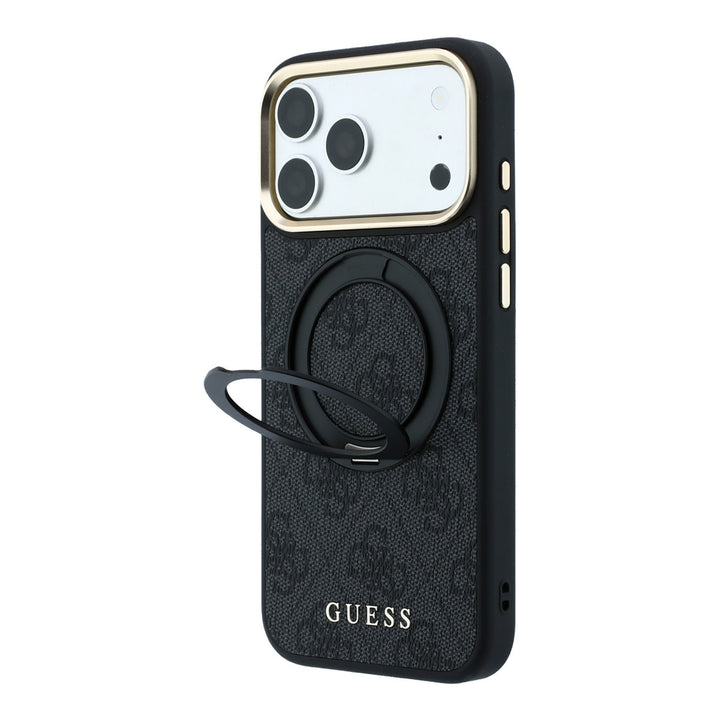 Zwart Guess telefoonhoesje met 4G-patroon met uitgeklapte ringstandaard