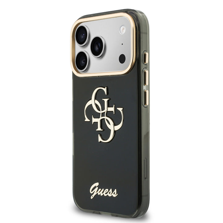 Zwart Guess telefoonhoesje met groot 4G-logo en goudkleurig schriftlogo, schuin van achteren