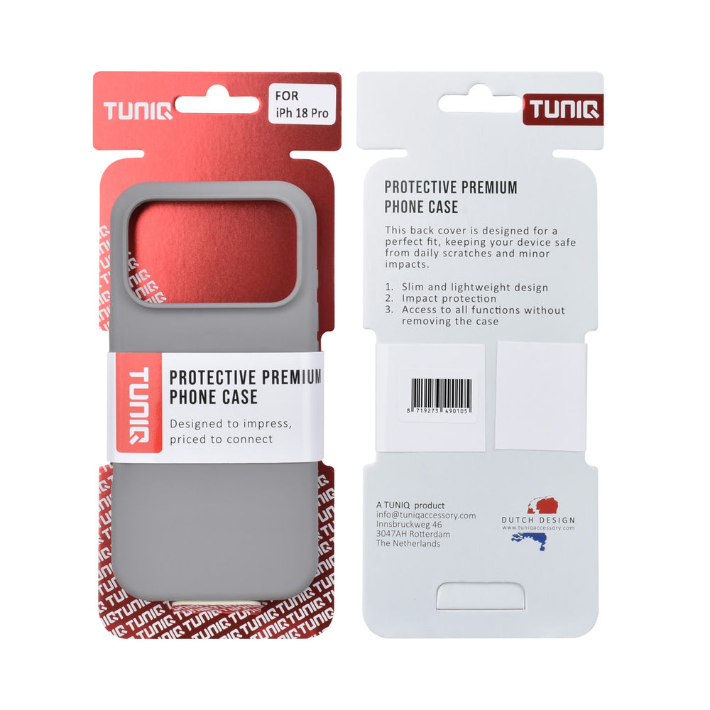 Voor- en achterkant van verpakking van grijs TUNIQ telefoonhoesje