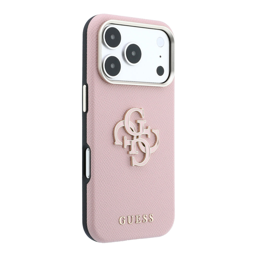 Roze Guess telefoonhoesje met groot 4G-logo, schuin van achteren