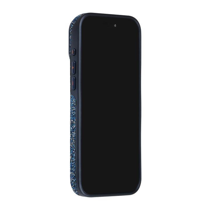 Blauw TUNIQ telefoonhoesje, van voren op een telefoon