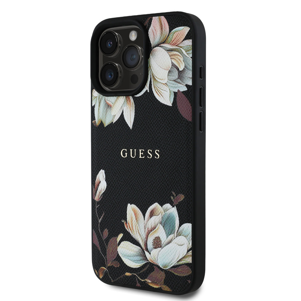 Zwart Guess telefoonhoesje met witte bloemen en klassiek logo, schuin van achteren