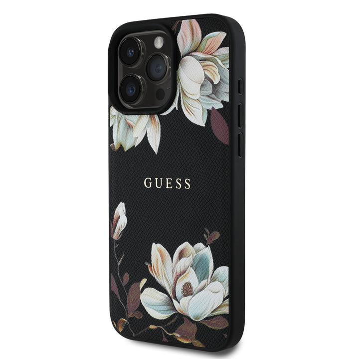 Zwart Guess telefoonhoesje met witte bloemen en klassiek logo, schuin van achteren