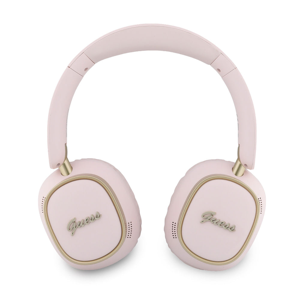 Roze Guess koptelefoon van voren met beide logo’s