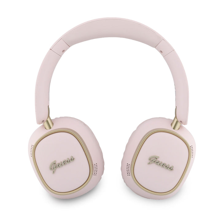 Roze Guess koptelefoon van voren met beide logo’s