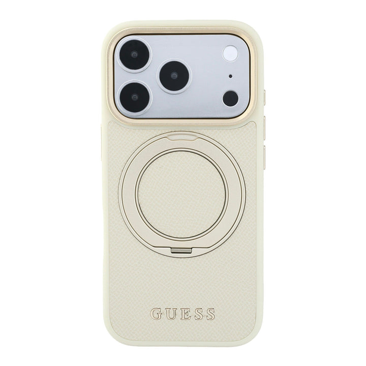 Beige Guess telefoonhoesje met ingeklapte ringstandaard, van achteren