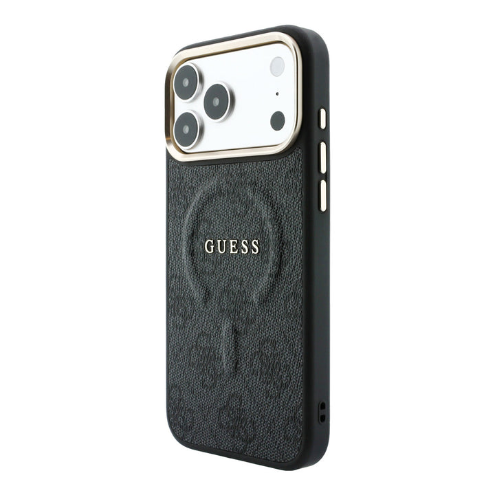 Zwart Guess telefoonhoesje met 4G-patroon en klassiek logo, schuin van achteren