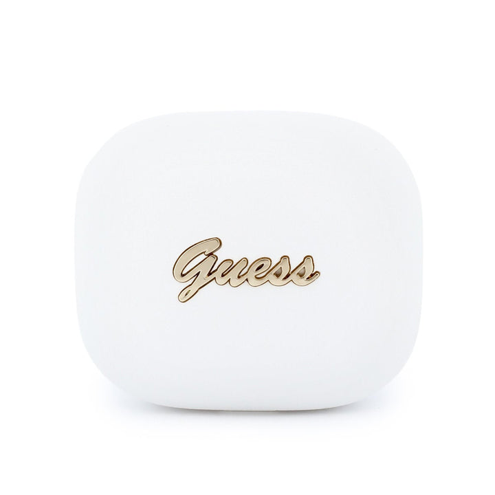 Bovenkant van witte Guess oplaadcase met goudkleurig schriftlogo