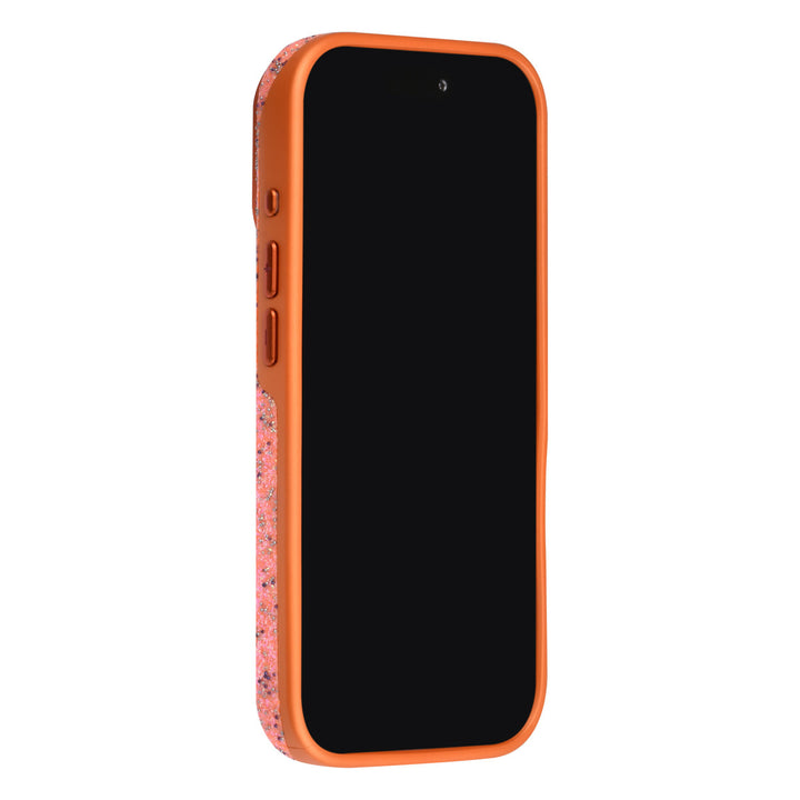 Oranje TUNIQ telefoonhoesje, van voren op een telefoon
